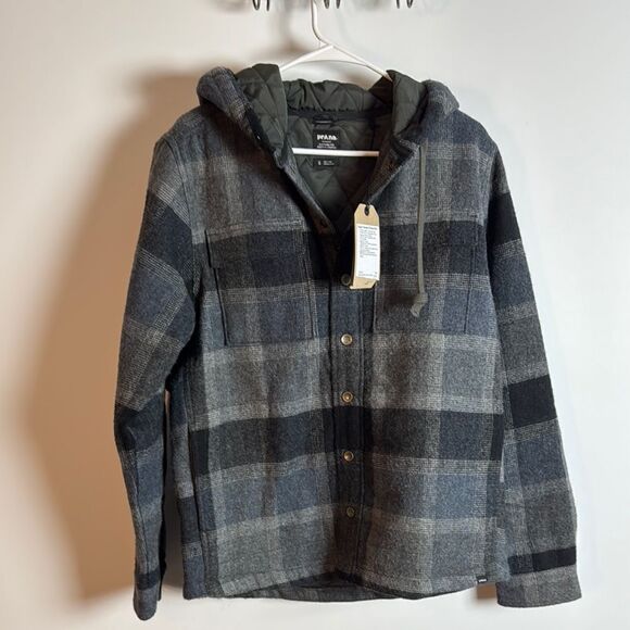Prana Gray and Black Lightweight Plaid Flannel Jacket - Picture 1 of 6
